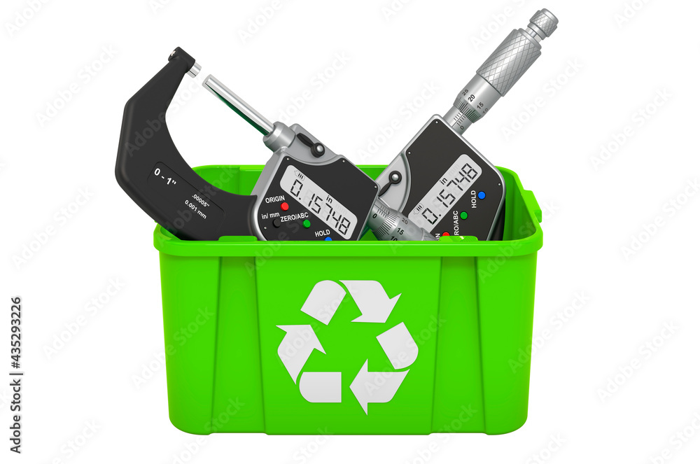 Poster recycling trashcan with digital micrometer. 3d rendering