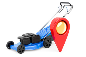 Fototapeta premium Map pointer with lawn mower, 3D rendering