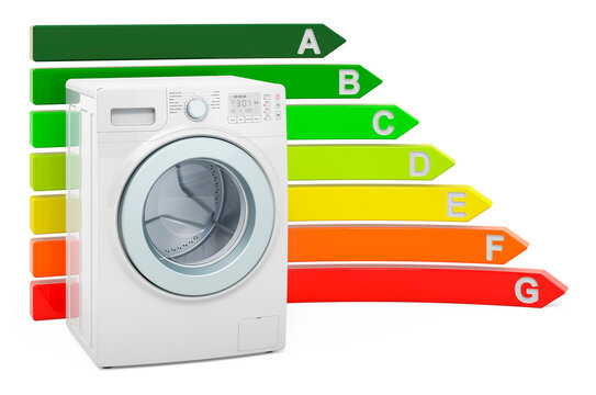 Washing machine with energy efficiency chart, 3D rendering