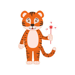 Cute tiger cub with magic wand. Funny animal character for kids isolated on white background. Vector flat illustration.