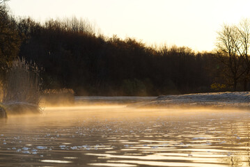 sunrice at coast of the river. Nature landscape in Baltic countries Yellow sunlight and fog over river. landscape during sunup.