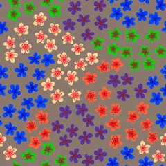 Seamless pattern with blossoming Japanese cherry sakura for fabric, packaging, wallpaper, textile decor, design, invitations, print, gift wrap, manufacturing. Colored flowers on cofee background.