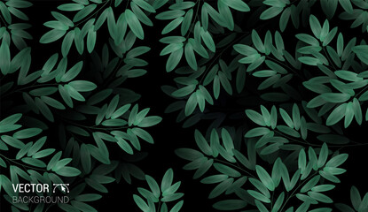 Fototapeta na wymiar Natural Realistic pattern. Overgrown tree branches with fresh green leaves. Colorful dark background. Trendy repeat fashion print wallpaper or fabric. Abstract Design Element vector.