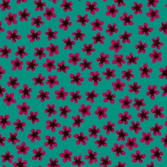 Seamless pattern with blossoming Japanese cherry sakura for fabric, packaging, wallpaper, textile decor, design, invitations, print, gift wrap, manufacturing. Fuchsia flowers on sea green background.