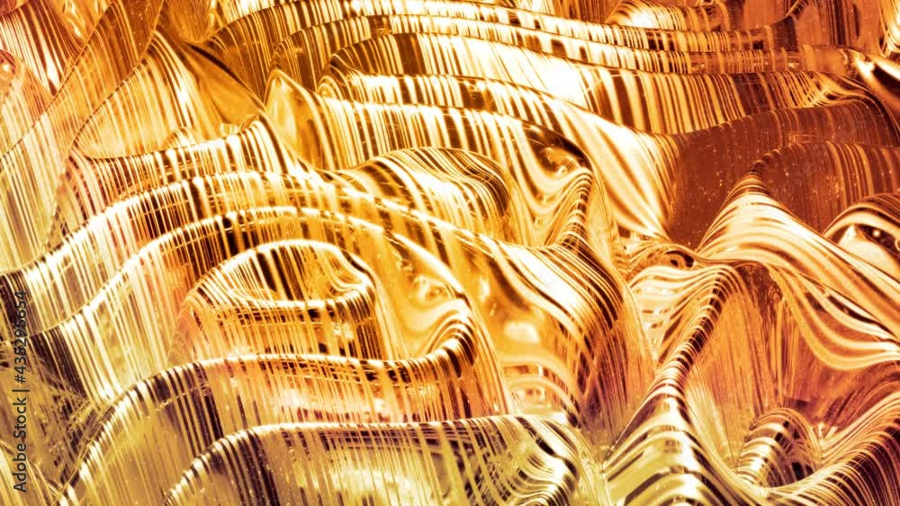 Poster looped abstract background with wavy sparkling golden liquid pattern on shiny glossy surface. viscou