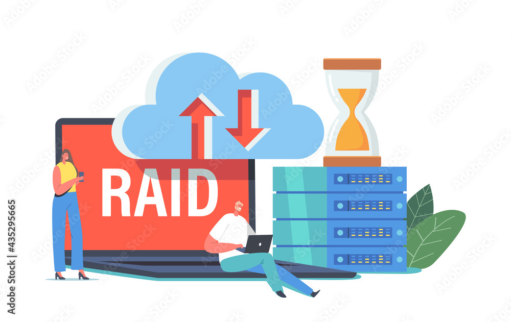 Poster raid data storage in datacenter, tiny characters at huge pc block, hourglass, virtual cloud. innovat