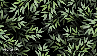 Overgrown tree branches with fresh green leaves. Natural Realistic pattern. Colorful dark background. Trendy repeat fashion print wallpaper or fabric. Abstract Design Element vector.