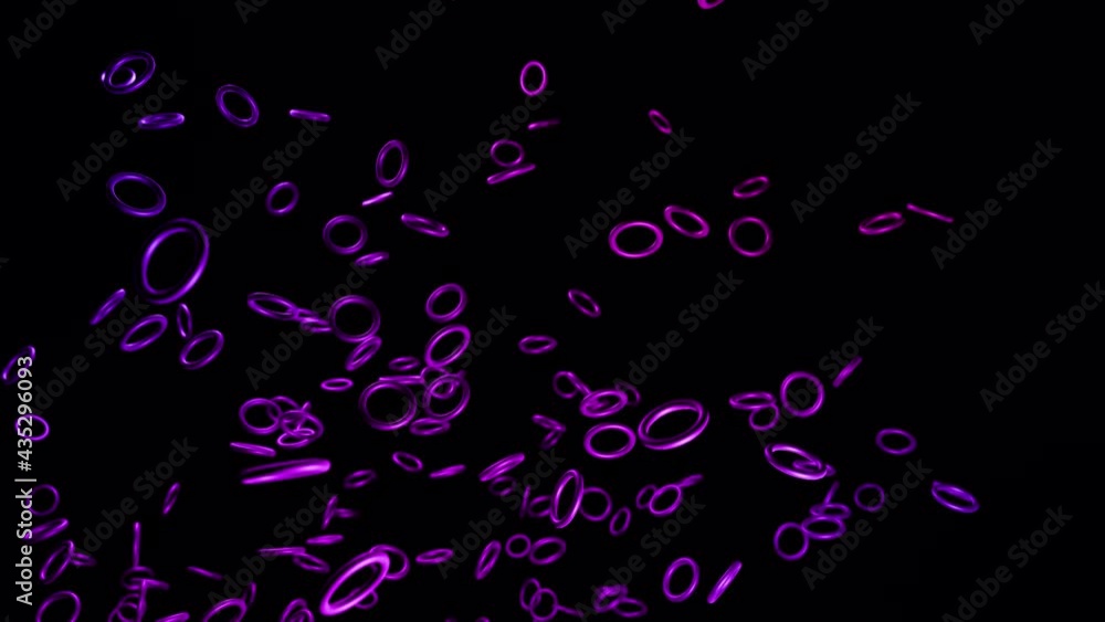 Poster abstract festive background with rows of toruses or rings on plane flashing neon blue red light rand