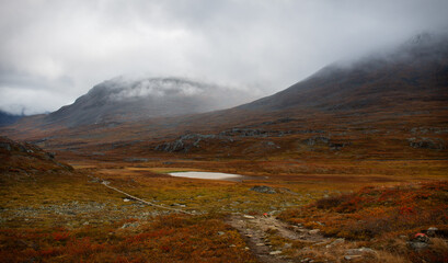 A rainy morning at Kungsleden (king's) trail, between Alesjaure and Tjaktja, September, Lapland, Sweden