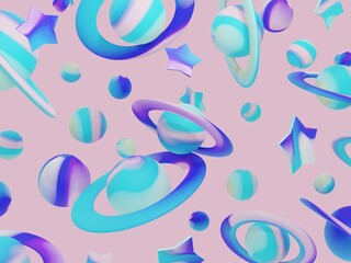 3D Rendering Pastel Outer Space Planet and Star Seamless Pattern for Children Fabric or Paper Product Print.