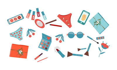 Woman stuff, girls accessory concept. Cosmetic and makeup collection. lipstick, nail polish, mirror, mascara, eye shadows, brush, eyeliner, women's panties, gift boxes and sunglasses. Vector