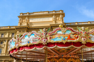 Florence, Italy. Carousel (Antica Giostra Toscana) at Piazza della Repubblica in Florence.