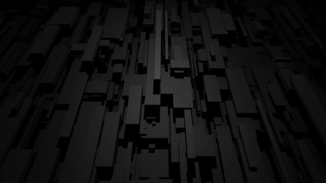 abstract looped 4k dark background with neon light, network of different sizes blocks lighting multicolor as light bulbs. Visualisation of working ai with big data or blockchain technology.