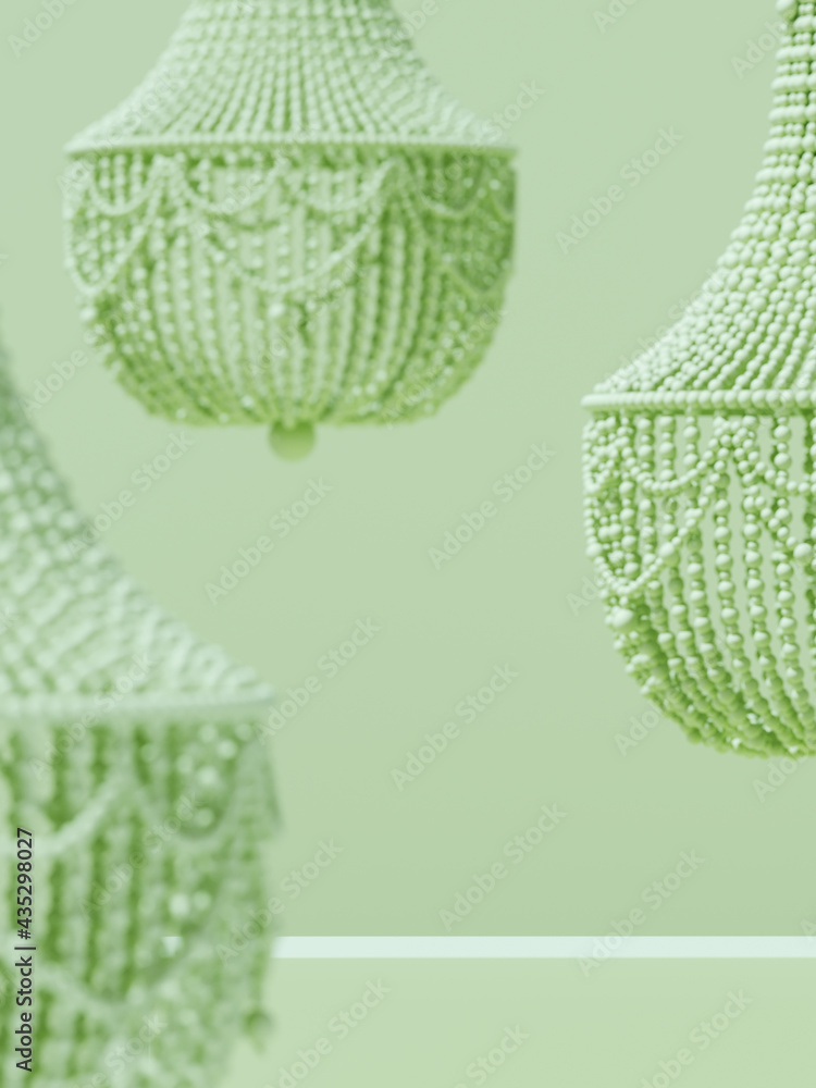 Poster abstract mockup background for product presentation. beaded chandelier and podium on green backgroun