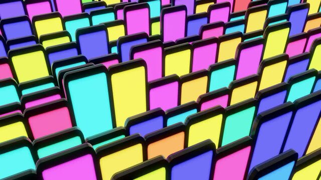4r loop dark background with abstract blocks on plane like devices with screen lighting with multicolor neon light. Bg for festive show or holiday events, concerts, music videos, VJ for night clubs.