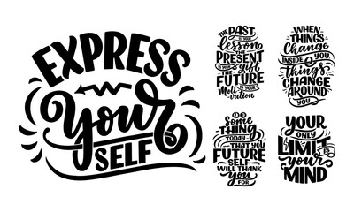 Fototapeta premium Set with lettering slogans about be yourself. Funny quotes for blog, poster and print design. Modern calligraphy texts about selfcare. Vector
