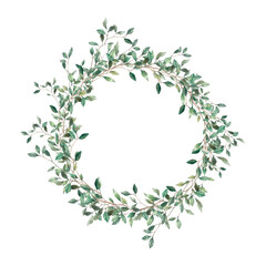Watercolor spring style plants wreath. Hand drawn botanical frame isolated on white background. Branch with leaves