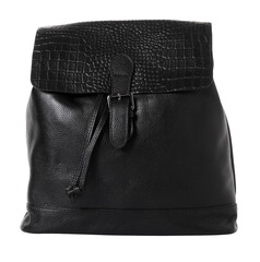 Black backpack for women made of natural grained leather. Model with a flap with reptile texture. On a white background