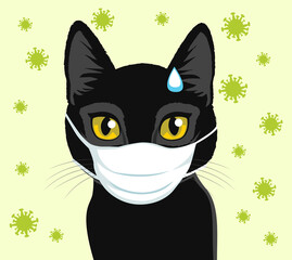 Worried cat wearing medical face mask covid-19 is dangerous for pets concept