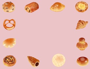 ピンク色背景の色々なパンのフレーム