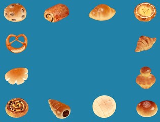 青緑色背景の色々なパンのフレーム