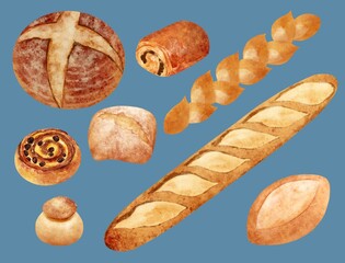 青色背景のフランスのパン色々