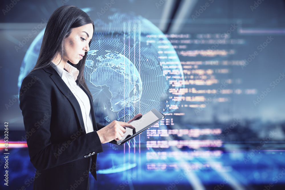 Poster Online programming education concept with young woman with digital tablet on virtual screen background with programming code and world map layout.