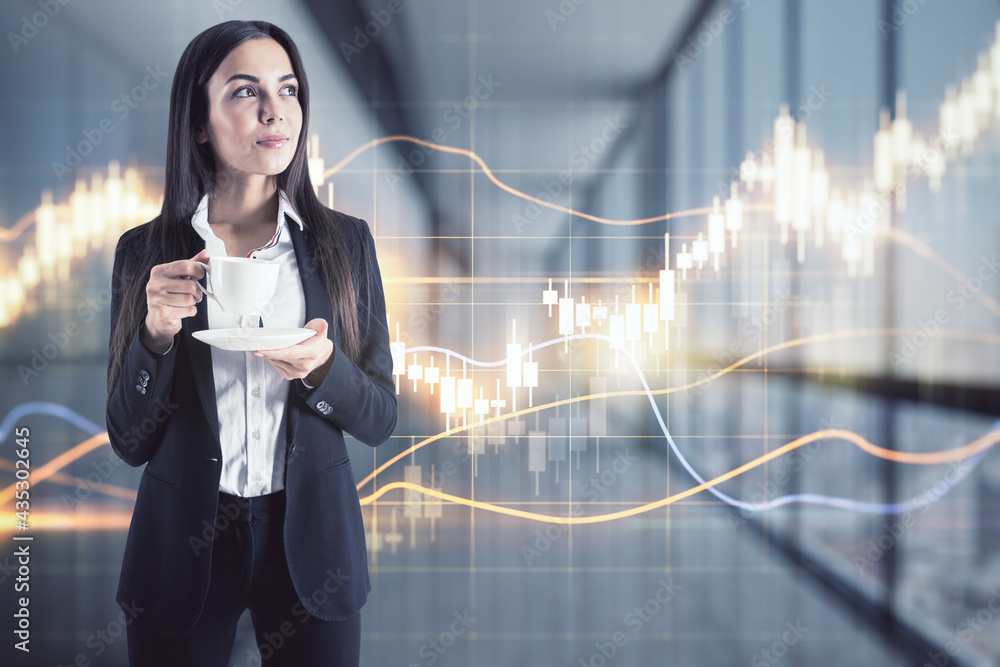 Poster stock market investing concept with trader woman and coffee mug on virtual screen background with di