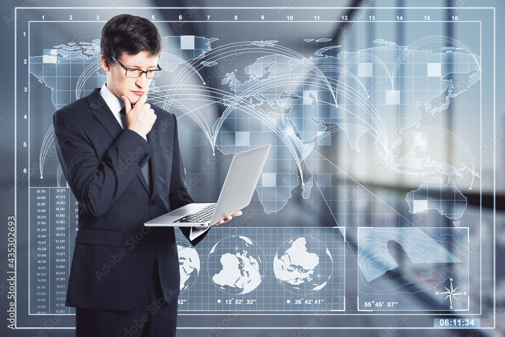 Poster Big data and communication concept with laptop on virtual wall background with world map and stats indicators.