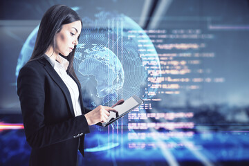 Online programming education concept with young woman with digital tablet on virtual screen background with programming code and world map layout.