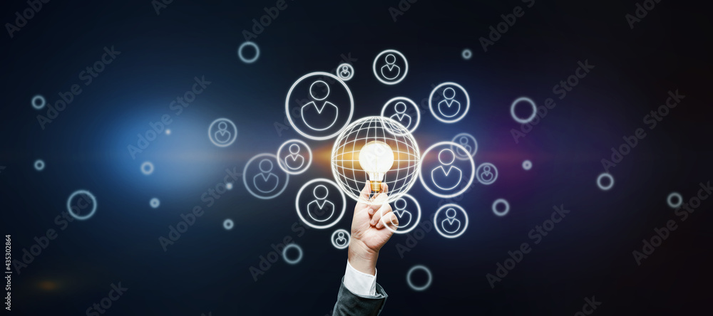 Poster crowdfunding concept with glowing light bulb in man hand surrounded by digital human figures icons o