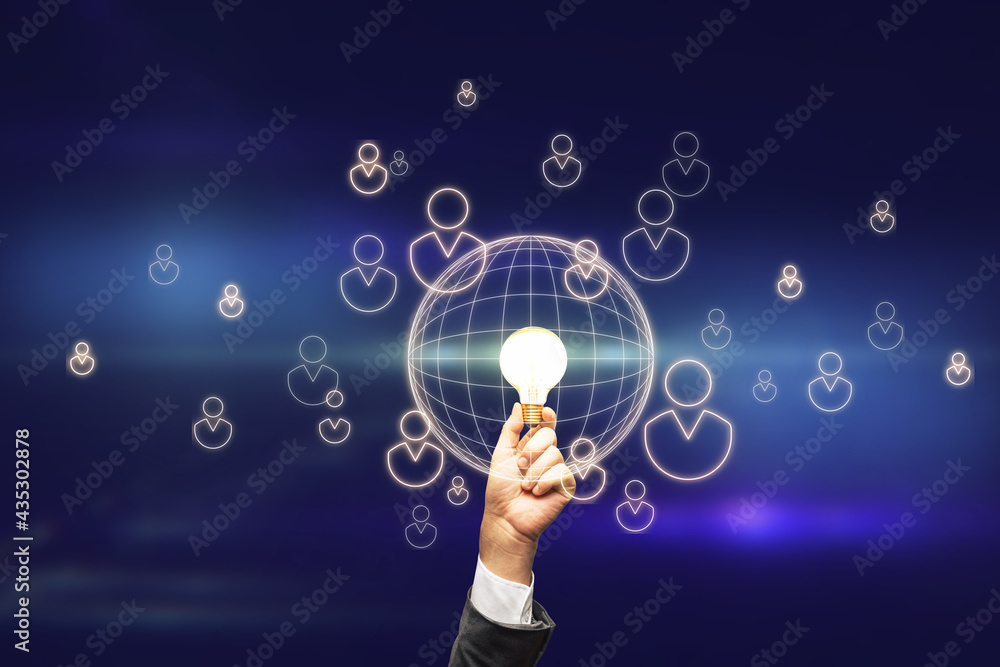 Poster online service project to donate concept with bright white light bulb in businessman hand with digit