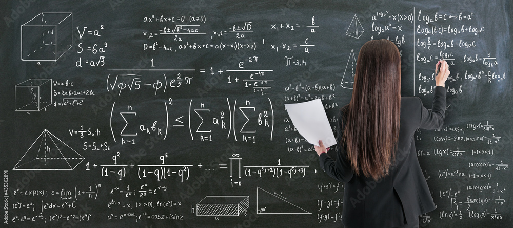 Poster education and studying concept with back view on girl student writing on chalkboard calculations and