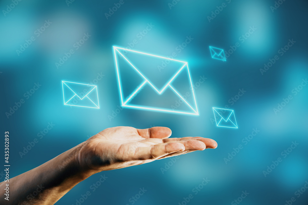 Poster Notification message concept with man palm and digital envelope above.