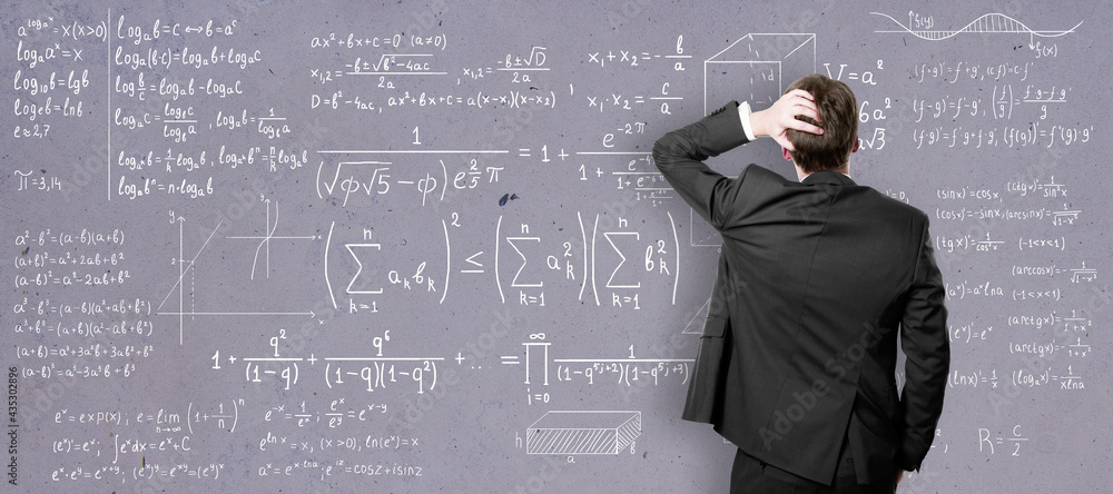 Poster self-education concept with back view on man in black suit in front of college blackboard with mathe