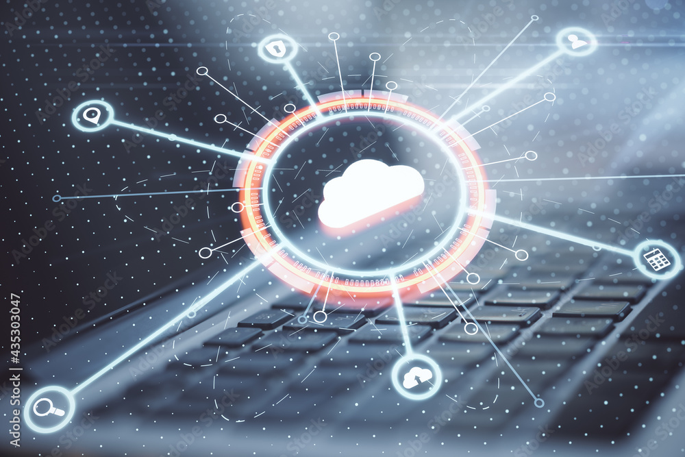 Poster Cloud computing service concept with digital cloud sign with internet service icons on laptop keyboard background. Double exposure.