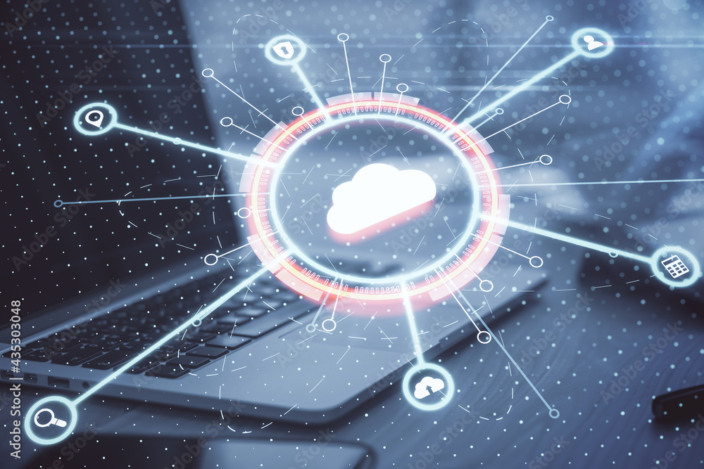 Poster big data storage concept with digital cloud sign with internet service icons on laptop background. d