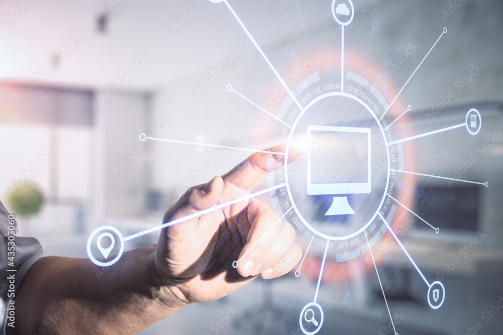 Poster business cloud computing with man hand touching digital screen with computer icon in technological c