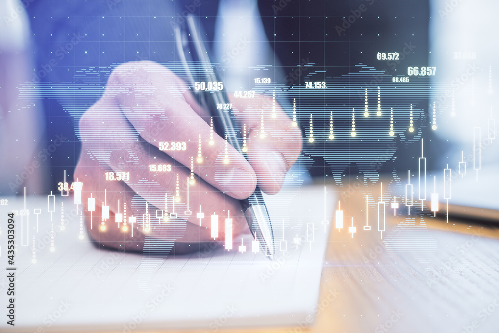 Poster global stock market concept with buisnessman hand writing on paper and digital screen with financial