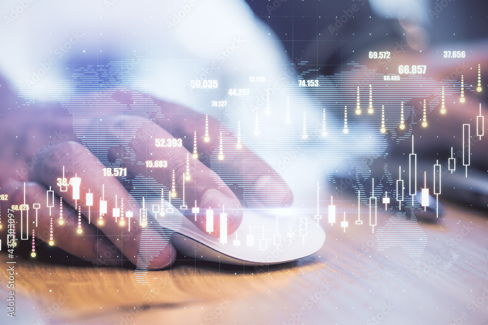 Poster Forex market and trading concept with man hand using computer mouse and virtual financial chart with growing candlestick and indicators, Double exposure.