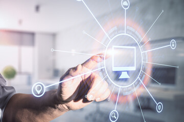 Business cloud computing with man hand touching digital screen with computer icon in technological circle surrounded by internet social icons. Double exposure.