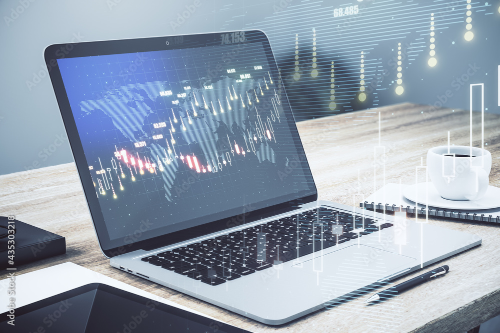 Poster market exchange concept with virtual stock market graphs and growing candlestick on office table wit