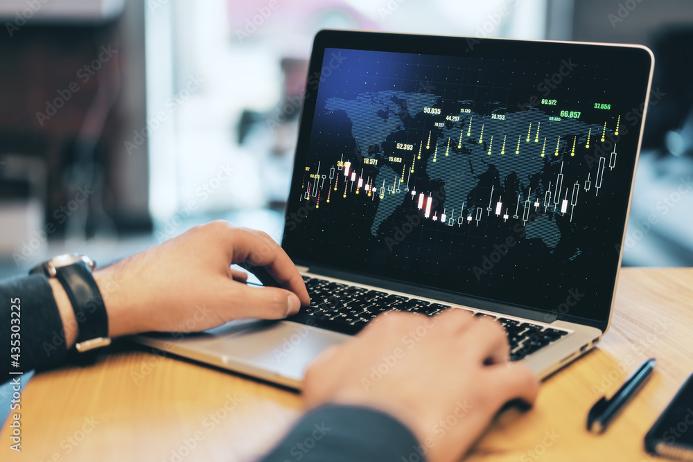 Poster Stock market analysis concept with trader man hands typing on laptop with growing financial chart graphs on screen.