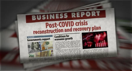 Foto op Canvas Post-COVID crisis reconstruction and recovery plan retro newspaper illustration © Skórzewiak