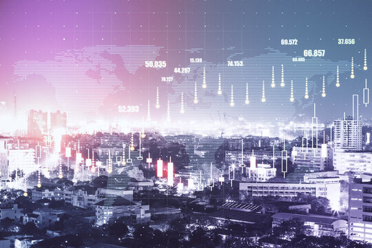 World market exchange concept with virtual screen with forex chart indicators on night cityscape background. Double exposure.
