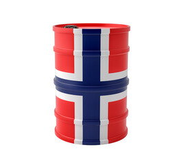 Oil drum in Norway national flag design. Isolated on white. 3D Rendering