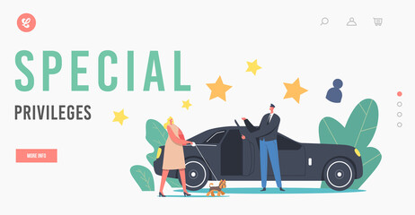Obraz premium Special Privileges Landing Page Template. VIP Person Female Character with Dog Enter Limousine with Driver Open Door