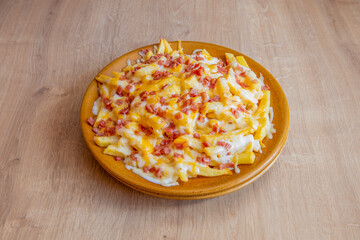 Plate of french fries with bacon and two types of melted cheese on a brown plate