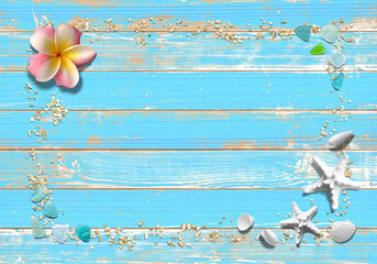 青いウッドデッキと珊瑚砂とヒトデ、夏のビーチイメージ