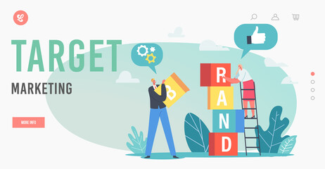 Target Marketing Landing Page Template. Tiny Businesspeople Characters Work Together Build Tower of Colored Cubes